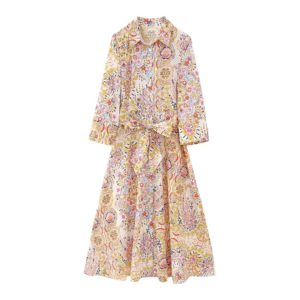 Midi Full Sleeve Belt Stylish Prints Shirt Dresses
