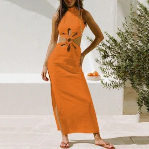 Solid Round Neck Sleeveless Cutout Backless Slim Fit Maxi Dress - Image 3