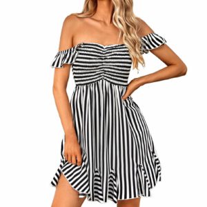 Open Shoulder Ruffled Stripe Ruffle Sleeve V Neck A Line Mini Dress