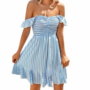 Open Shoulder Ruffled Stripe Ruffle Sleeve V Neck A Line Mini Dress - Image 4