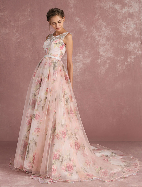 Pink Prom Dresses 2019 Long Floral Print Organza Pageant Dress Backless Chapel Train Party