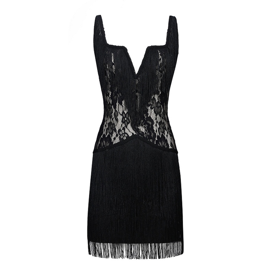 Sexy Party Dress 1920s Flapper Dress Fringe Lace Black Stretchy ...