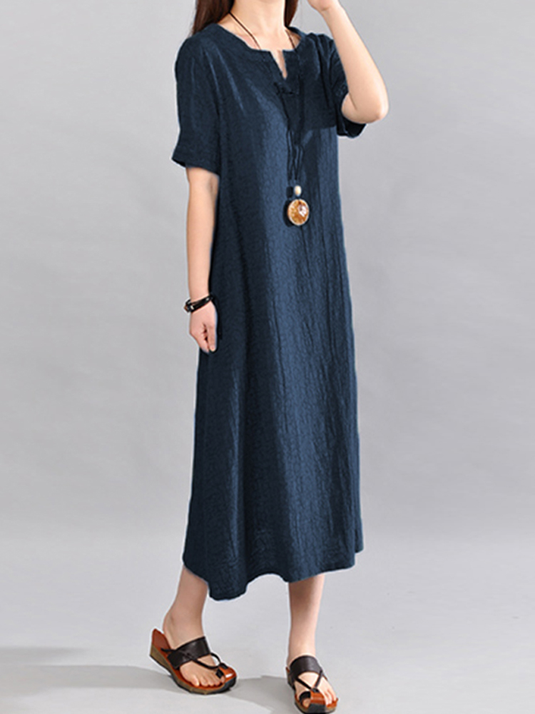 O-Neck Short Sleeve Cotton Linen Maxi Dress - Power Day Sale