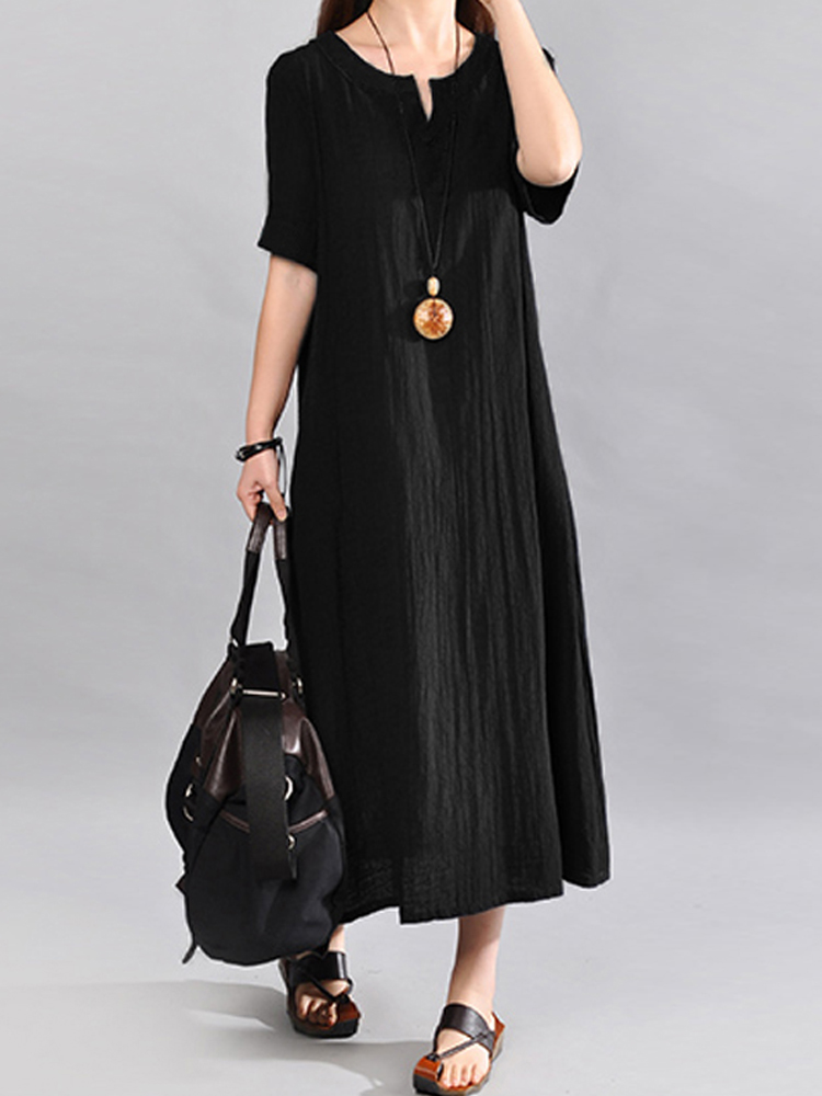 O-Neck Short Sleeve Cotton Linen Maxi Dress - Power Day Sale