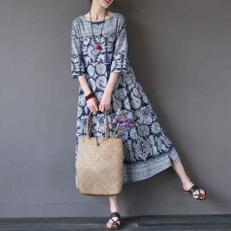 Vintage Print Literature and Art National Style Pottery Loose Casual Dress