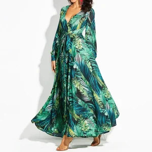Vintage Tropical Beach Casual Lace Up Tunic Draped Vintage Maxi Dresses - Image 3