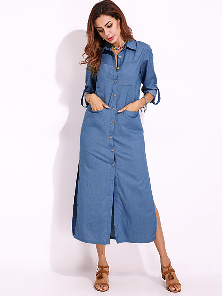 split denim maxi shirt dress - Power Day Sale