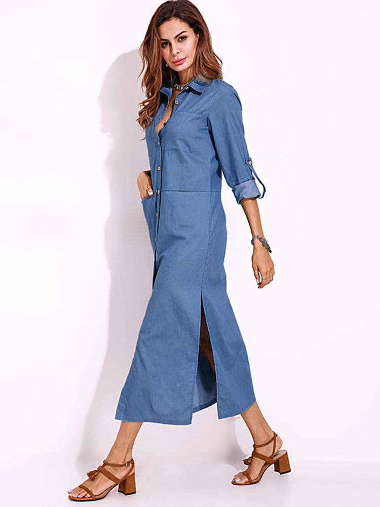 split denim maxi shirt dress - Power Day Sale