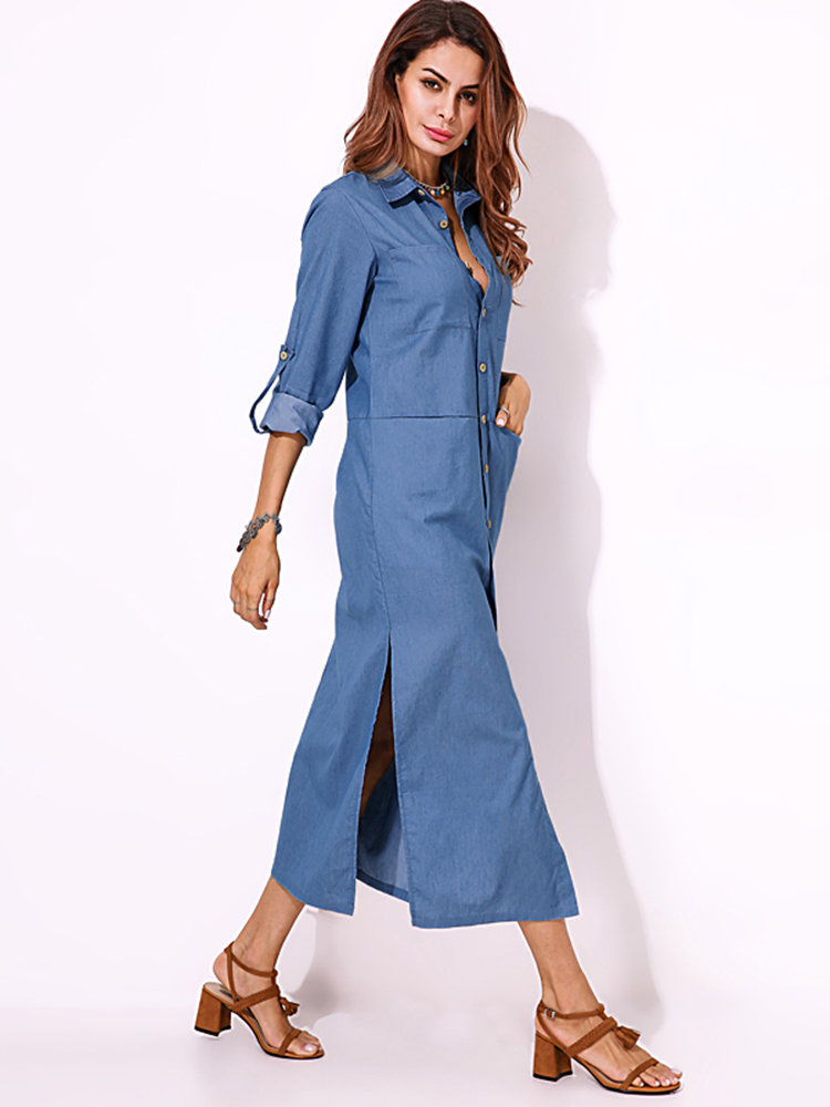 split denim maxi shirt dress - Power Day Sale