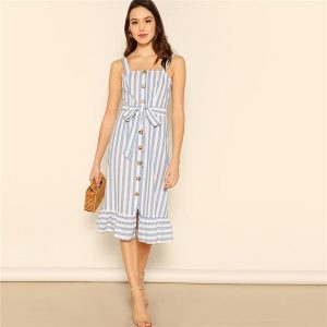 Ruffle Hem Women Summer Beach Strap Sleeveless Dresses
