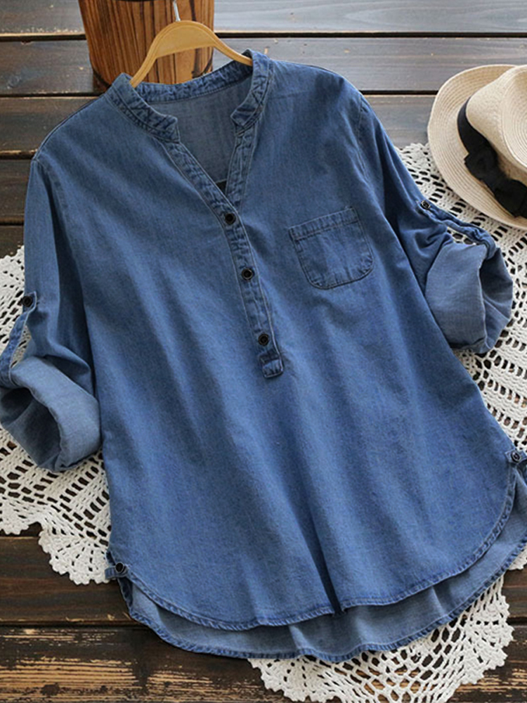 Buttons Adjustable Sleeve Denim Blouse - Power Day Sale