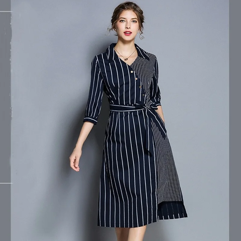 Striped Shirt Dress Buttons Irregular knee length Dress