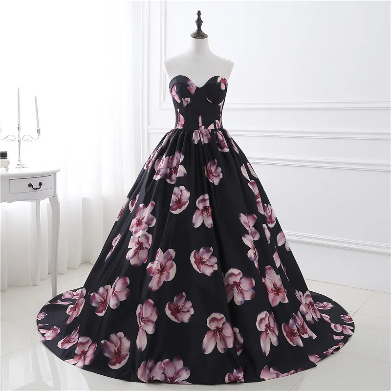 Printed Flowers Prom Dress Ball Gowns Sweetheart Floor Length Party Dresses