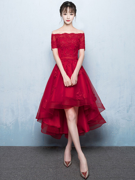 Red Lace High Low Prom Cocktail Party Dresses