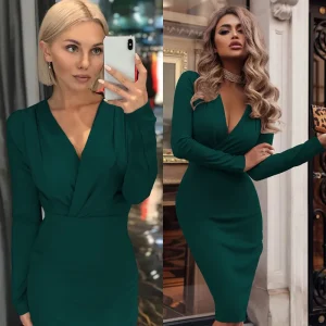 Vintage Solid French Style V Neck Elegant Slim High Waist Casual Dresses - Image 2