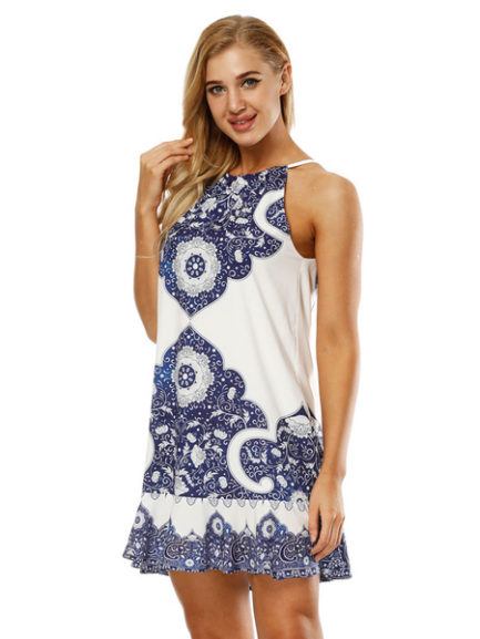 White Summer Printed Boho Dress Backless Mini Dress - Power Day Sale