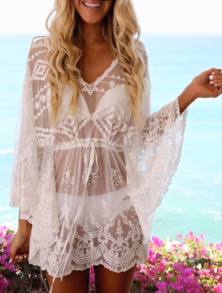 Beach Cover Up Dress Sheer Lace V Neck Long Sleeve Women Bathing Suit