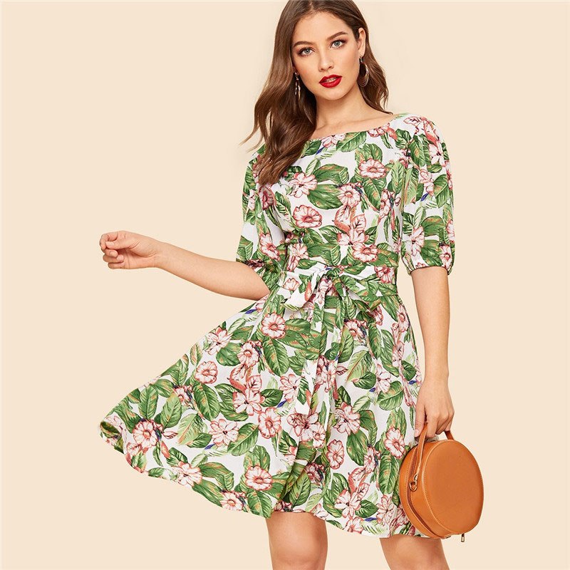 Multicolor Floral Print Belted Mini Puff Sleeve Casual A Line Dress - Power  Day Sale