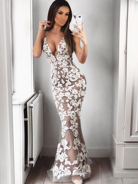 Lace Sleeveless Backless Plunging Party Sexy Evening Dress - Power Day Sale