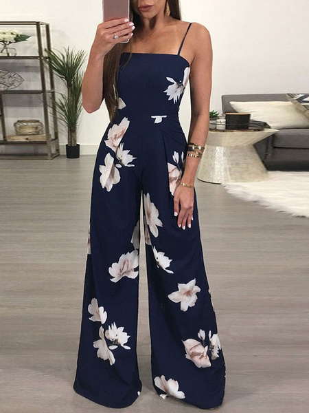 Wide Leg Jumpsuit Floral Backless Knotted One Piece Jumpsuit For Women