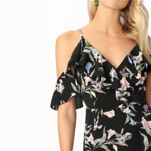 Surplice Cold Shoulder Ruffle Floral Mini Elegant Dress - Power Day Sale