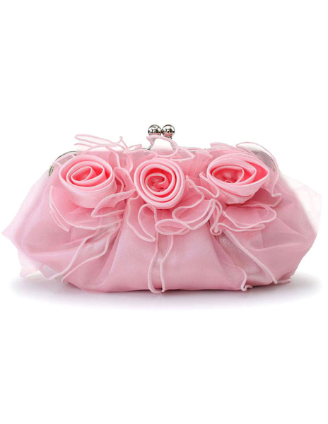 Evening Clutch Bag Wedding Rose Flowers Ruffle Kiss Lock Bridal Purse