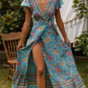 Maxi Dress Casual V Neck Floral Print Boho Beach Long Dress - Image 5