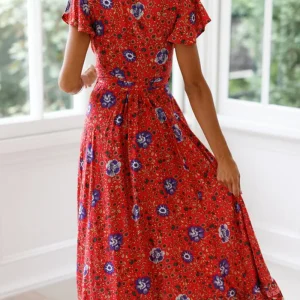 Maxi Dress Casual V Neck Floral Print Boho Beach Long Dress - Image 7