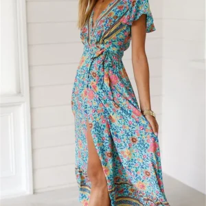 Maxi Dress Casual V Neck Floral Print Boho Beach Long Dress - Image 4