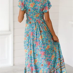Maxi Dress Casual V Neck Floral Print Boho Beach Long Dress - Image 6