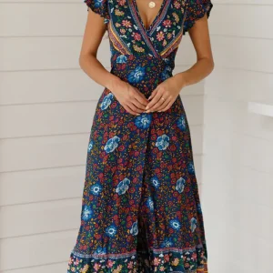 Maxi Dress Casual V Neck Floral Print Boho Beach Long Dress - Image 2