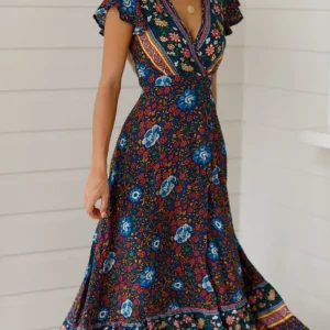 Maxi Dress Casual V Neck Floral Print Boho Beach Long Dress