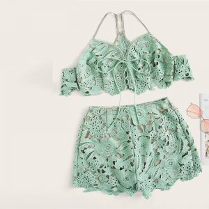 Women Guipure Lace Lace Up Crop Top And Shorts Set