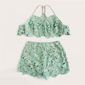 Women Guipure Lace Lace Up Crop Top And Shorts Set - Image 2
