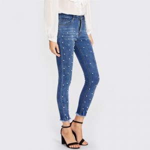 Women Skinny Jeans Denim High Waist Bleached Zipper Pants - Image 2