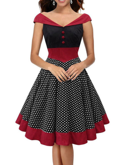 Womens Vintage Dress Sleeveless V Neck Polka Dot Two Tone Pleated Flared Dress Power Day Sale 4471