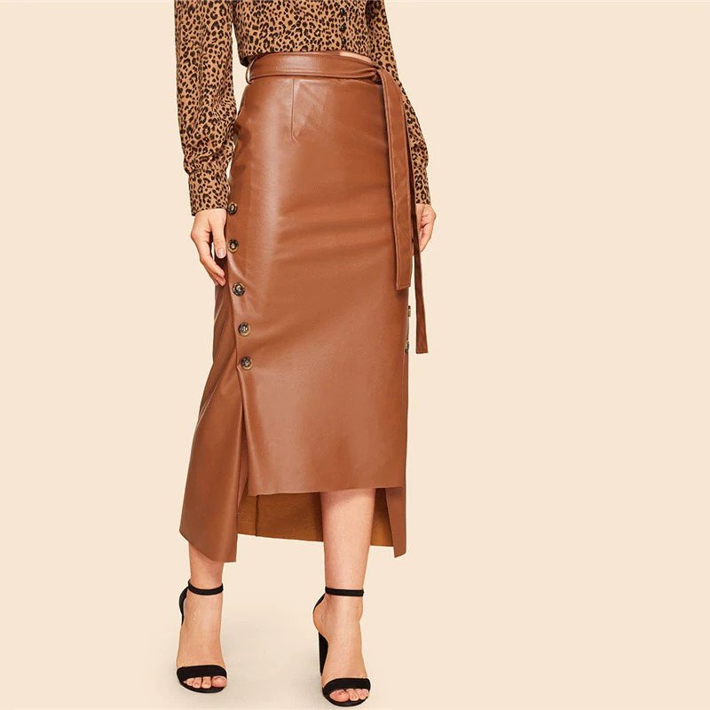 Brown Elegant Split Hem Front Double Button Belted Leather Look Long Skirt