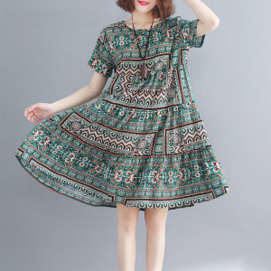Women Cotton plus size Loose Print Dress Boho Casual Dress