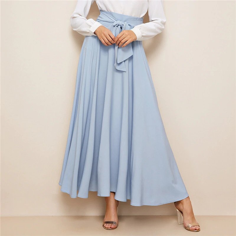 Women High Waist Elegant Blue Solid Zipper Belt A Line Skirt
