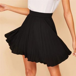 Women Preppy Black Solid Above Knee Skirt