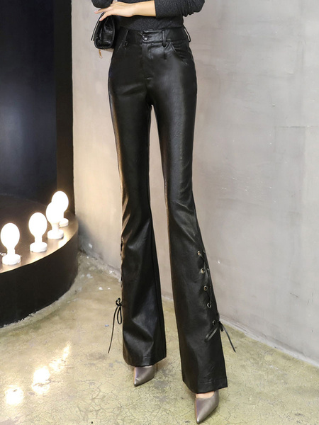 Black Flared Pants Lace Up Long Leather Pants For Women
