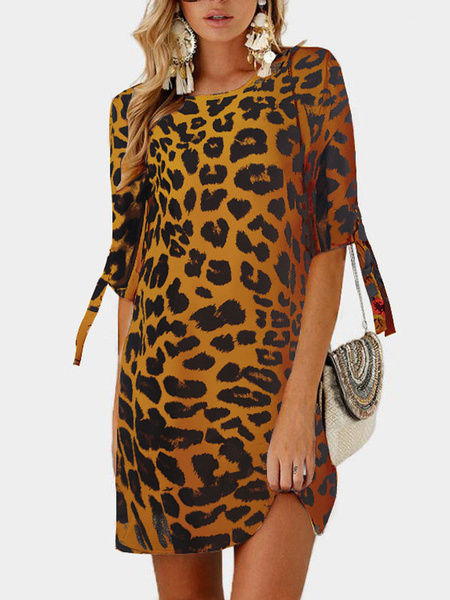Leopard Print Casual Jewel Neck Shift Dress