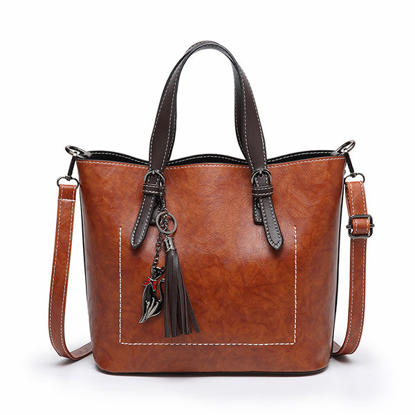 Women Faux Leather Solid Tassel Handbag Vintage Leisure Crossbody Bag