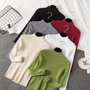 Casual Long Sleeve Jumper Female Slim Pure Sweater Tops