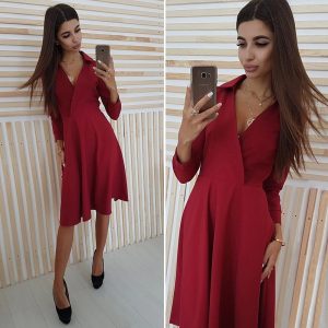 Elegant Deep V-Neck Solid Long Sleeve Slim Party Dress