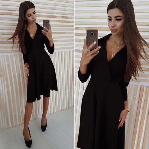 Elegant Deep V-Neck Solid Long Sleeve Slim Party Dress - Image 3