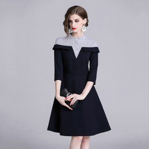 Elegant Striped Patchwork office work party dress - Image 4