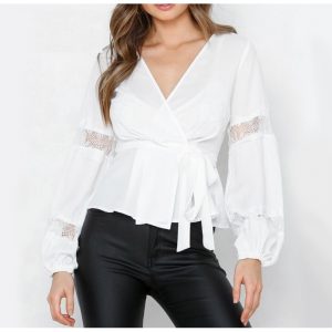 Lace Lantern Chiffon Solid Blouse - Image 3