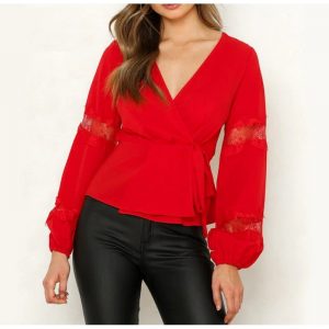 Lace Lantern Chiffon Solid Blouse