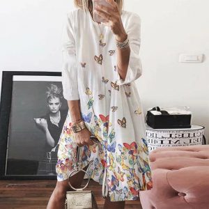 O Neck Butterfly Print Three Quarter Sleeve Plus Size Party Dress - Image 2